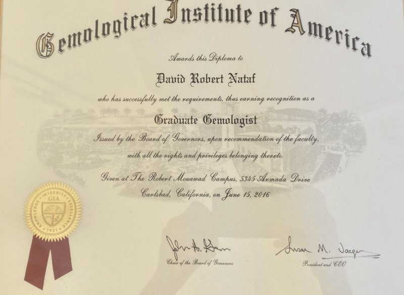 Diplôme GIA Graduate Gemologist de David Robert Nataf, Carlsbad, Californie, 15 juin 2016